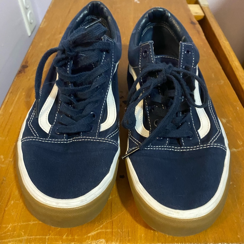 Navy Blue Vans Old Skool with White Stripe and Gum Sole Toe Bumper